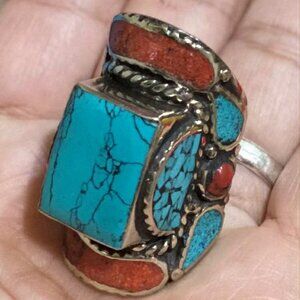 Natural handmade Turquoise & Coral Statement Ring – Size Approx. 8
